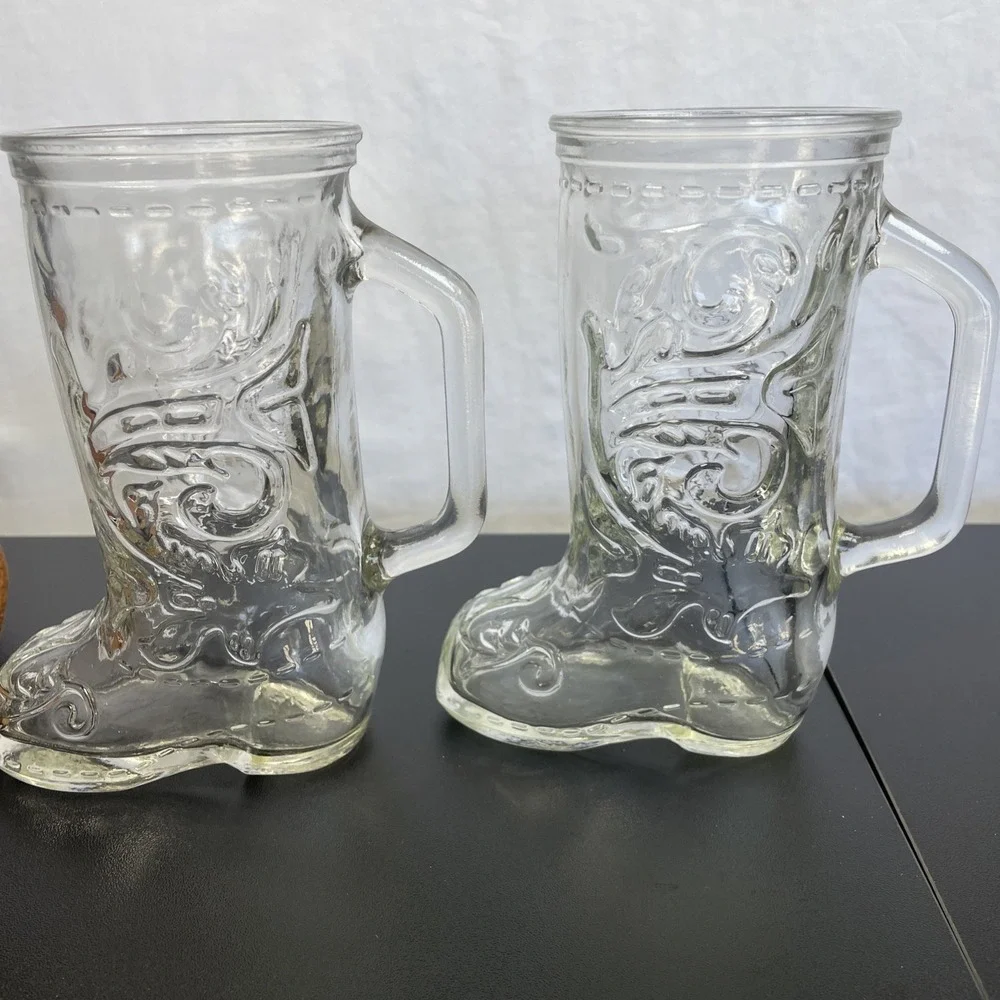 Vintage‎ lot of 2 Libbey Clear Glass Beer Mugs Cowboy Boots western bar ware